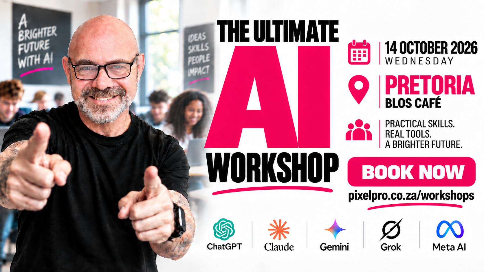 Event poster for The Ultimate AI Workshop on 14 October 2026 at Blos Café, Pretoria