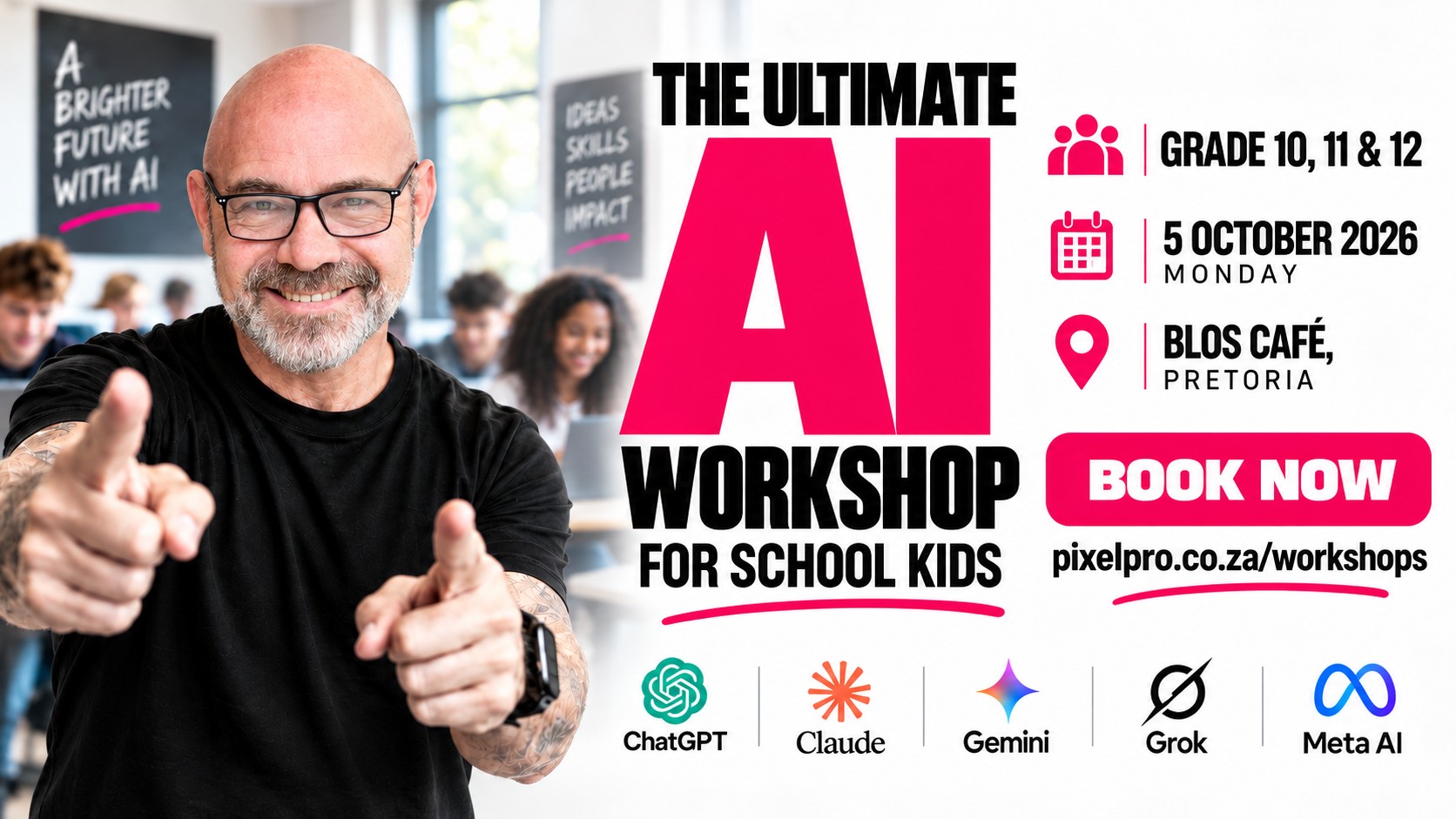 Event poster for The Ultimate AI Workshop for School Kids on 5 October 2026 at Blos Café, Pretoria