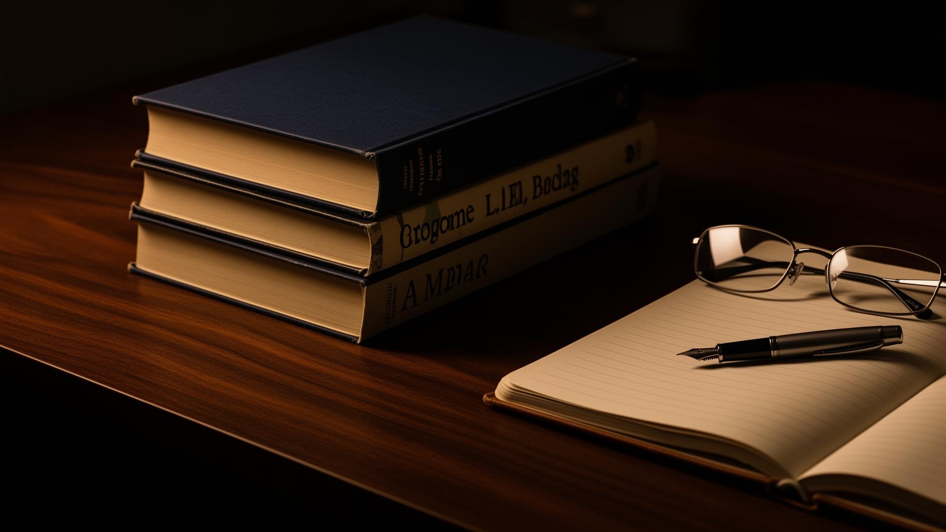A stack of books with reading glasses, a notebook and fountain pen on a warm wooden desk